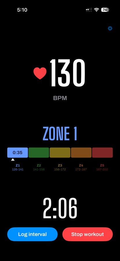 HeartMirror showing 130 BPM in Zone 1, with the five zones and a running timer.