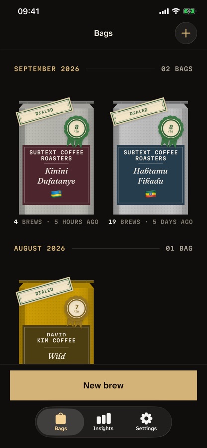 Kaapi’s shelf of coffee bags, each with its roaster and score.