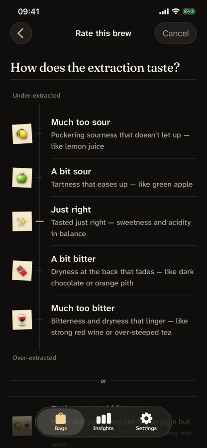 Rating a brew on a scale from much too sour to much too bitter.